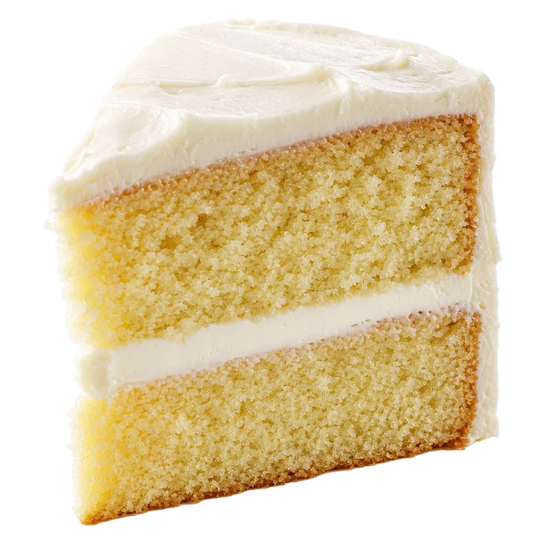 A slice of vanilla layer cake with soft vanilla frosting